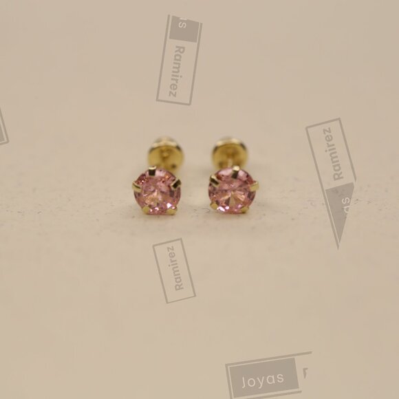 14K Solid Yellow Gold Round Pink CZ Stud Earrings • 4mm Feminine Elegant Design. - Picture 2 of 8